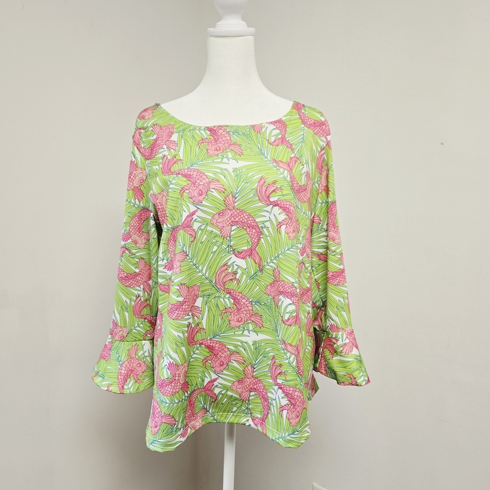 Parisou Blouse Top Size L Koi Fish Floral Preppy Catalina Cloth 3/4 Slv Resort
